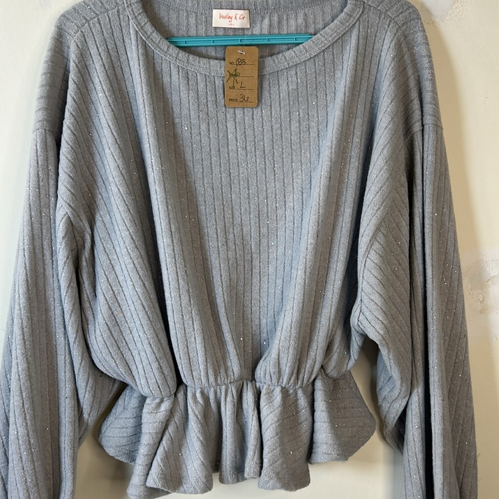 Hailey &‎ Company grey ribbed sparkle long sleeve sweater cinched waist Large